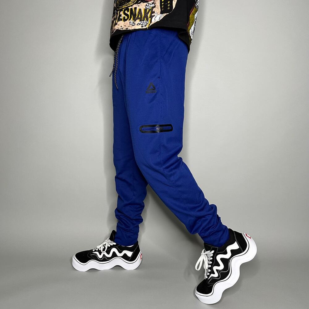 Vintage Y2K Reebok Joggers Mens M Royal Blue Polyester Sweatpants Black Logo